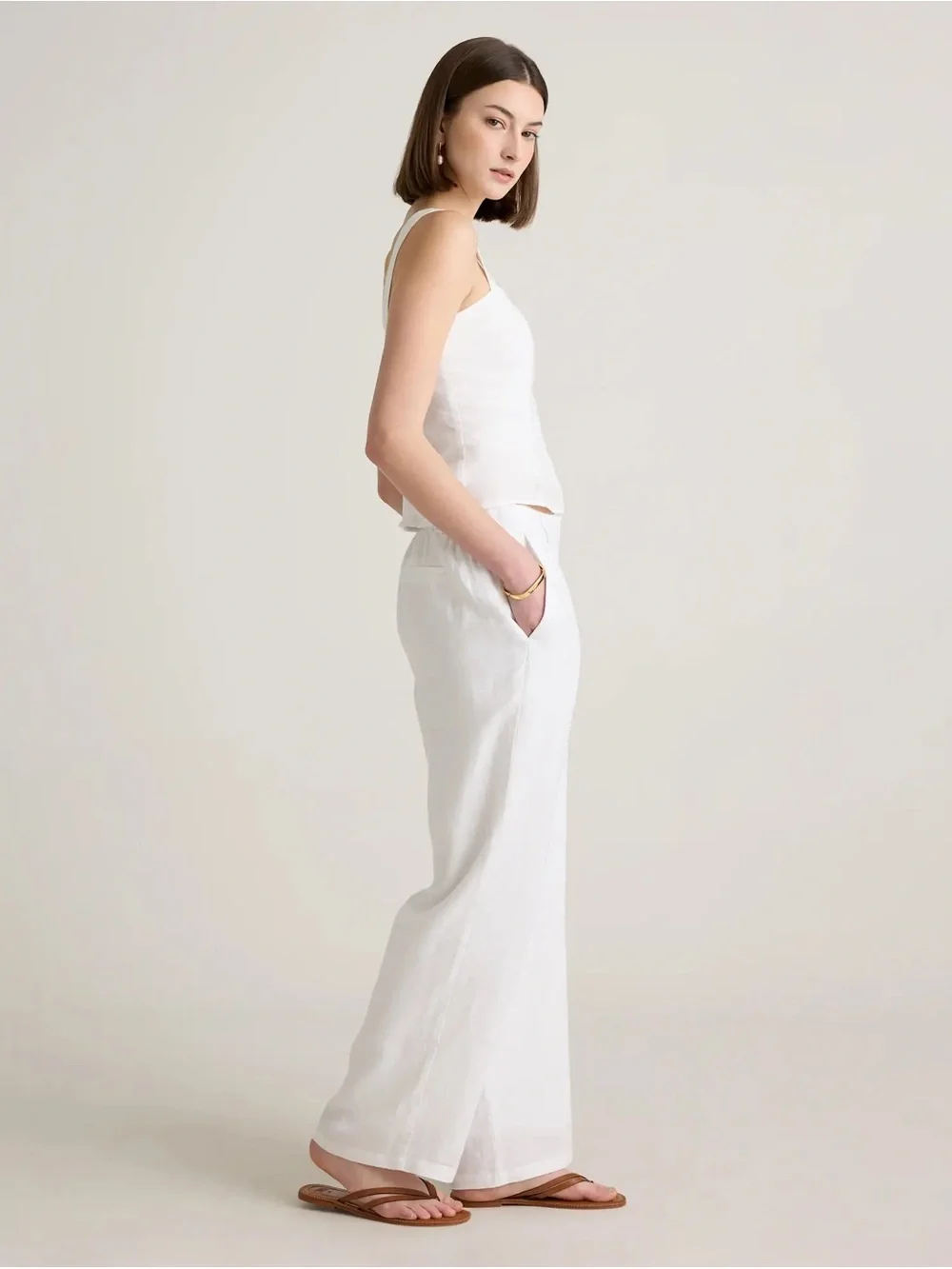 Quince White 100% European Linen Pleated Wide-Leg Trousers Fully Lined, Size 6